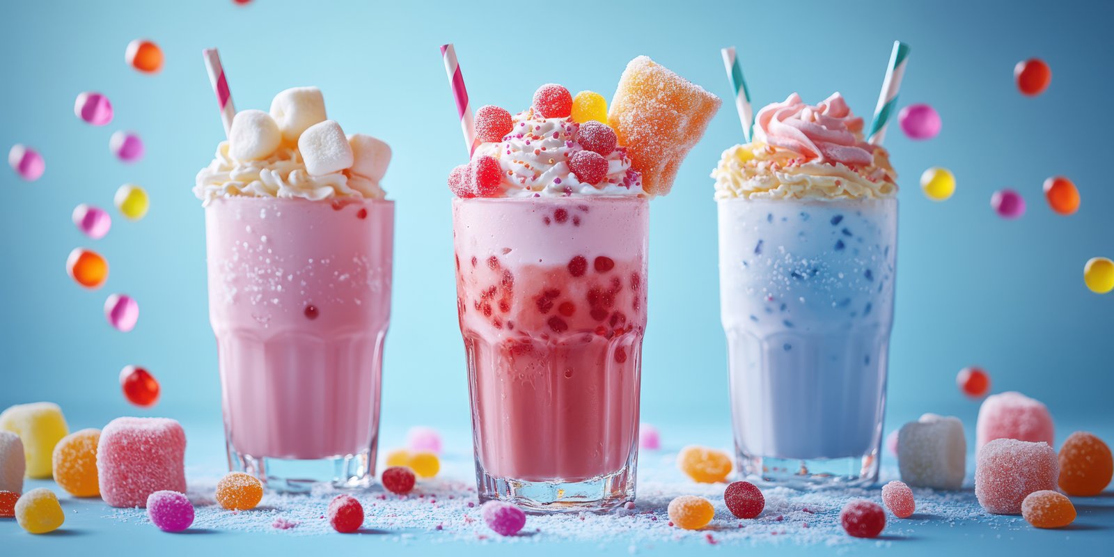 Colorful dessert beverages arranged with candy toppings on a bright blue background